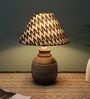 Hand Carved Mangowood Table Lamp With Chevron Print Satin Shade