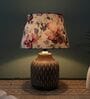 Hand Carved Mangowood Table Lamp With Cobra Saffron Print Satin Shade