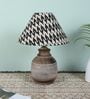 Hand Carved Mangowood Table Lamp With Chevron Print Satin Shade