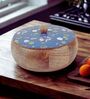 Hand Crafted Blue Floral Printed Lid Mango Wood Round Chapati Box
