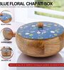 Hand Crafted Blue Floral Printed Lid Mango Wood Round Chapati Box