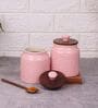 Hand Crafted Embossed Pink Ceramic Jar with Wooden Lid Set of 2