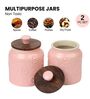 Hand Crafted Embossed Pink Ceramic Jar with Wooden Lid Set of 2
