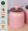 Hand Crafted Embossed Pink Ceramic Jar with Wooden Lid Set of 2