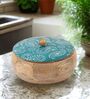 Hand Crafted Green Paisley Printed Lid Mango Wood Round Chapati Box