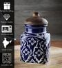 Hand Painted Blue Mughal Airtight Ceramic Jar with Wooden Lid