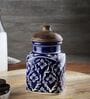 Hand Painted Blue Mughal Airtight Ceramic Jar with Wooden Lid