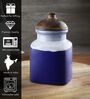 Hand Painted Studio Pottery Blue Airtight Ceramic Jar with Wooden Lid