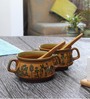 Hand-Painted Warli 300ml Yellow & Brown Ceramic (Set of 2) Soup Bowl with Spoons