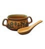 Hand-Painted Warli 300ml Yellow & Brown Ceramic (Set of 2) Soup Bowl with Spoons