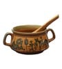 Hand-Painted Warli 300ml Yellow & Brown Ceramic (Set of 2) Soup Bowl with Spoons