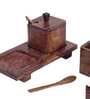 Handcarved Refreshment Missing Mango Wood 2Pcs Condiment Jar with Spoon & Tray