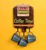 Judah Blue 150ml Ceramic 3Pc Tea Cups with Brown Teak Wood Wall hanging Stand