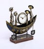 Handcrafted Boat-Shaped Metal Clock Tribal Figurine Ethnic Desk Organizer