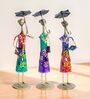 Handcrafted Lady With Umbrella Multicolour Colour Wrought Iron (Set Of 3) Figurine