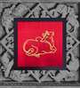 Red Handcrafted Lord Nandi Gold-Plated Jardoshi Embroidery Wall Art