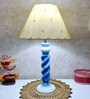 Handmade & Handpainted Blue& white Rope shape Wooden Table lamp with Hanpainted Floral design on Cotton Beige shade