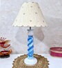 Handmade & Handpainted Blue& white Rope shape Wooden Table lamp with Hanpainted Floral design on Cotton Beige shade