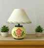 Handmade & handpainted Silver colour Wooden matka lamp with Handpainted Border on Cotton Beige shade