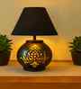 Handmade & handpainted Silver colour Wooden matka lamp with Handpainted Border on Cotton Black shade