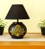 Handmade & handpainted Silver colour Wooden matka lamp with Handpainted Border on Cotton Black shade