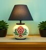 Handmade & handpainted Silver colour Wooden matka lamp with Handpainted Floral design on Cotton Beige shade