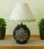 Handmade & handpainted Silver colour Wooden matka lamp with Handpainted Floral design on Cotton Black shade
