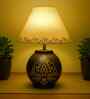 Handmade & handpainted Silver colour Wooden matka lamp with Handpainted Floral design on Cotton Black shade