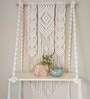 Handmade Macrame  Wall Hanging With Pine Wood Shelf In Off White