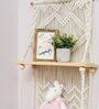 Handmade Macrame Wall Hanging With Pine Wood Shelf In Off White
