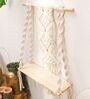 Handmade Macrame Wall Hanging With Pine Wood Shelf In Off White