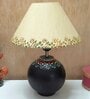 Handmade Mandala Art Matka Shaped Wooden Lamp with Cotton Shade (Black & Beige)