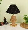 Black Handpainted Floral Shade With Natural Color Rings Design Wooden Handmade Table Lamp