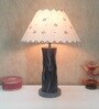 Handmade Vase Design Distress Rustic Tree Log Finish Wooden Lamp with Cotton Shade (Grey & Beige)
