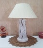 Handmade Vase Design Distress Rustic Tree Log Finish Wooden Lamp with Cotton Shade (White & Beige)