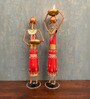 Red Metal Handpainted Labour Lady Figurine Decorative TeaLight Set of 2