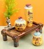 Happy Elephant (Set Of 4) Brown & Yellow Terracotta & Wood Table Vase With Charpai Stand