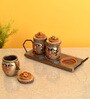 Crafted Multicolor Terracotta and Wood 3 Pcs Condiment Jars With Stand
