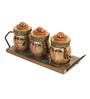 Crafted Multicolor Terracotta and Wood 3 Pcs Condiment Jars With Stand