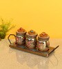 Crafted Multicolor Terracotta and Wood 3 Pcs Condiment Jars With Stand