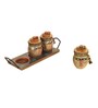 Crafted Multicolor Terracotta and Wood 3 Pcs Condiment Jars With Stand
