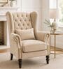 Havenly Teak Wood High Back Wing Chair With Suede Fabric In Beige Colour