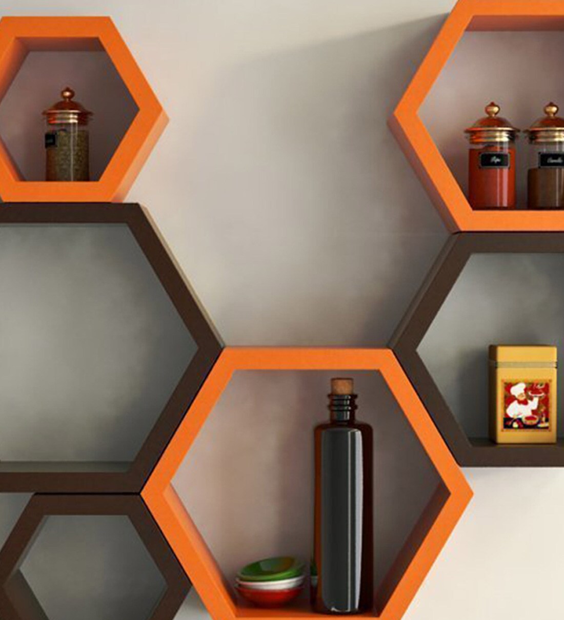 Buy Hexagon Floating Wall Shelf Set of 6 in Orange & Brown Finish By