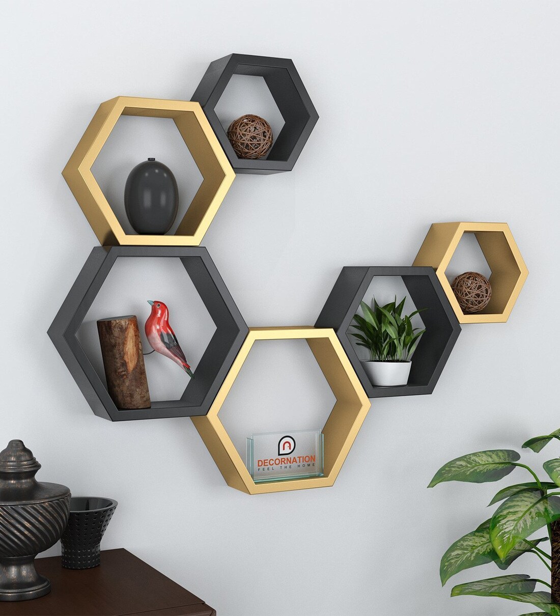 Buy Set of 6 Engineered Wood Hexagon Shape Wall Shelf in Multicolour ...