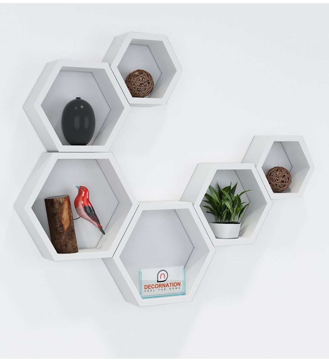 Buy Set of 6 Engineered Wood Hexagon Shape Wall Shelf in White Colour