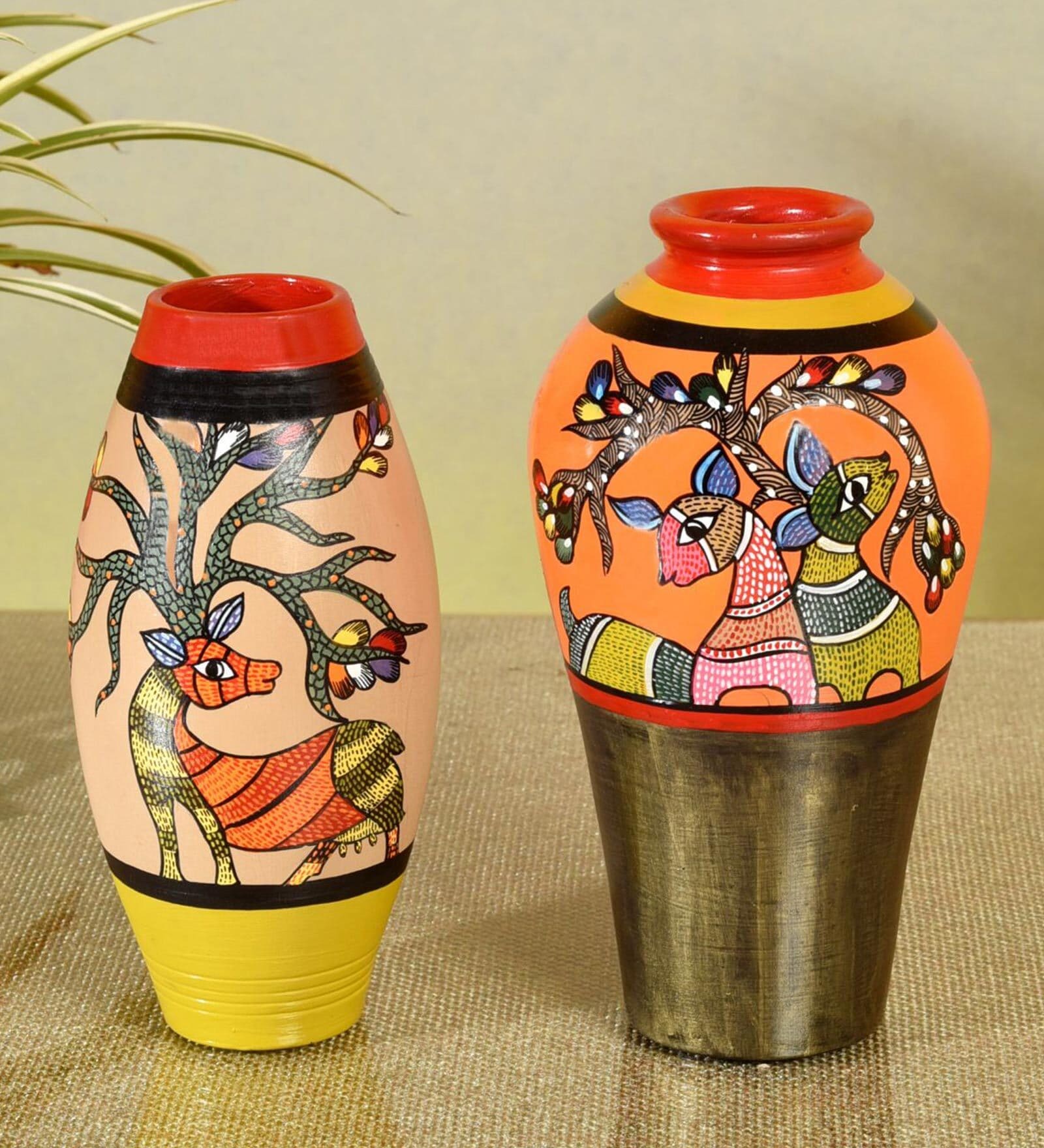Heard Of Deers (Set Of 2) Multicolour Terracotta Floor Vase