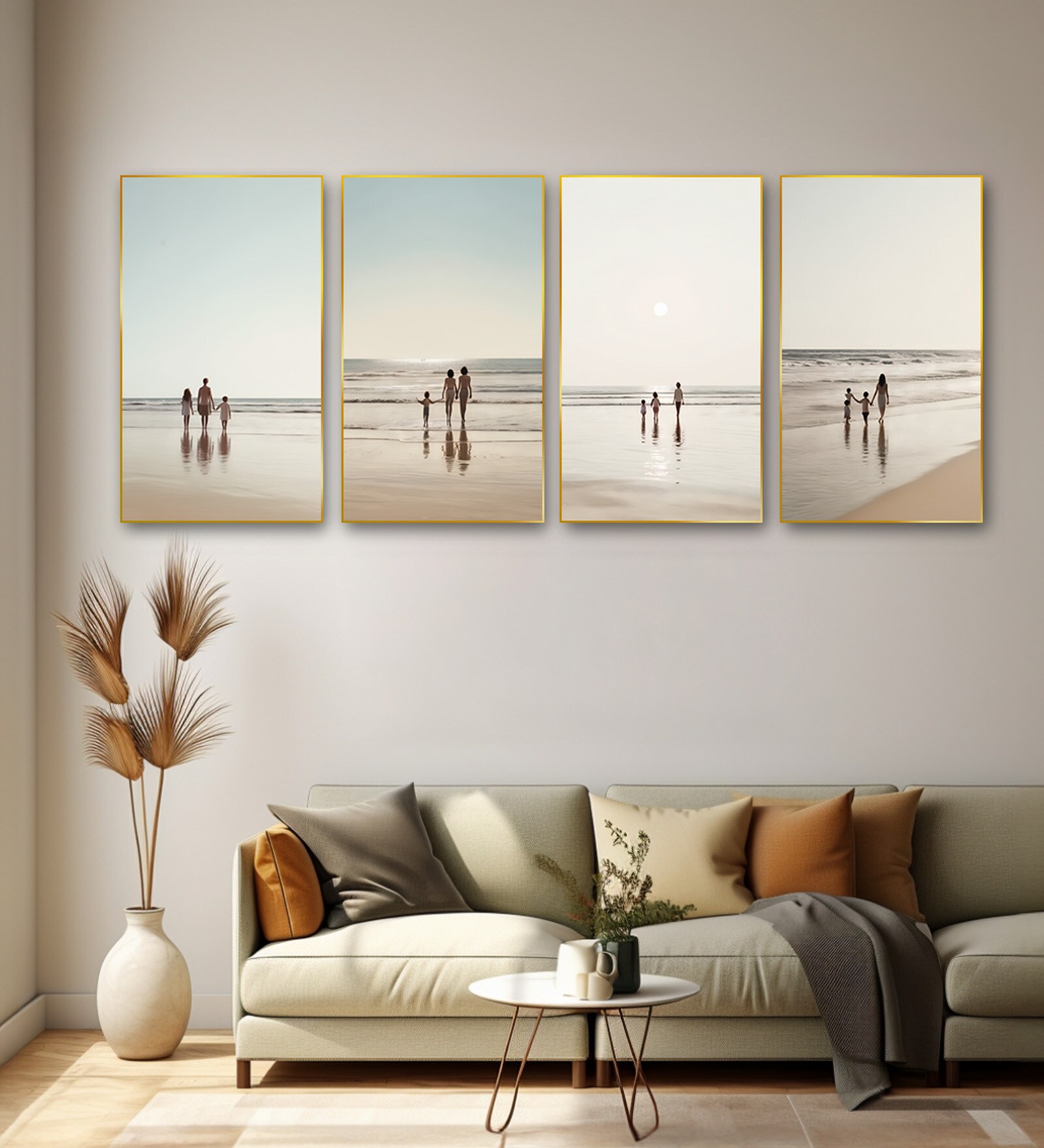 Heartwarming Family Beach Walk Series Set of 4 Canvas Wall Painting Gold Frame