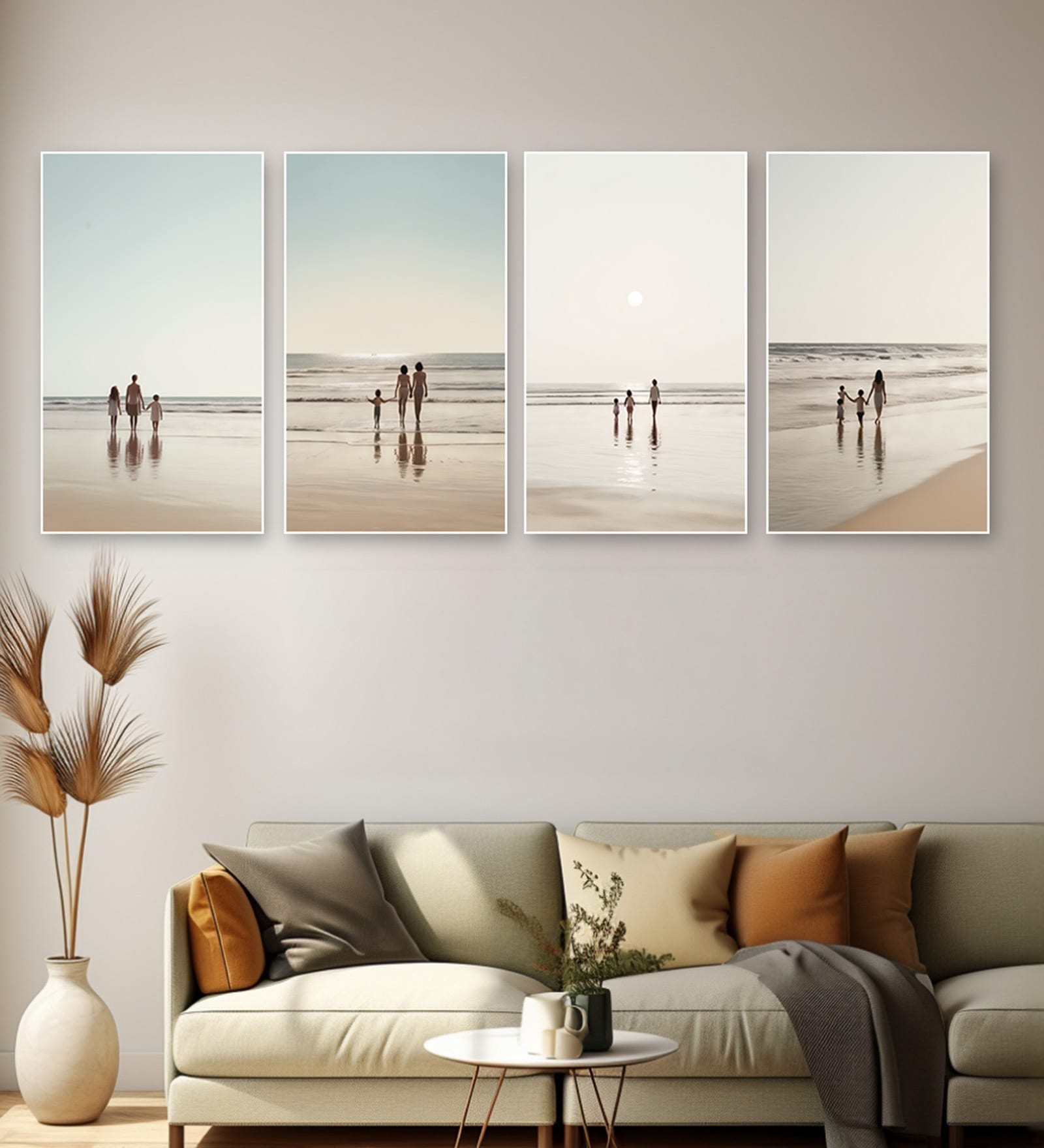 Heartwarming Family Beach Walk Series Set of 4 Canvas Wall Painting White Frame