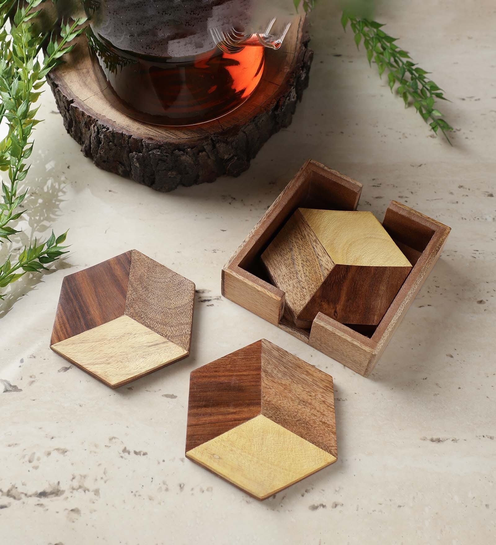 Heaxagonal Brown MDF (Set of 5) Table Coaster with Stand