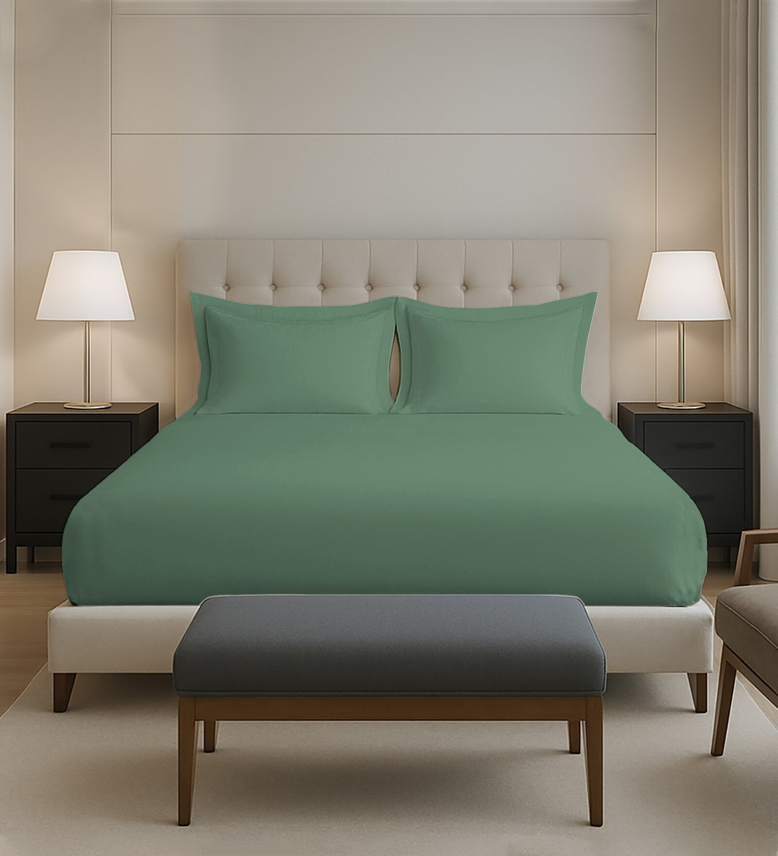 Hedge Green Solid 400 TC Cotton King Sized Fitted sheet with 2 Pillow Covers